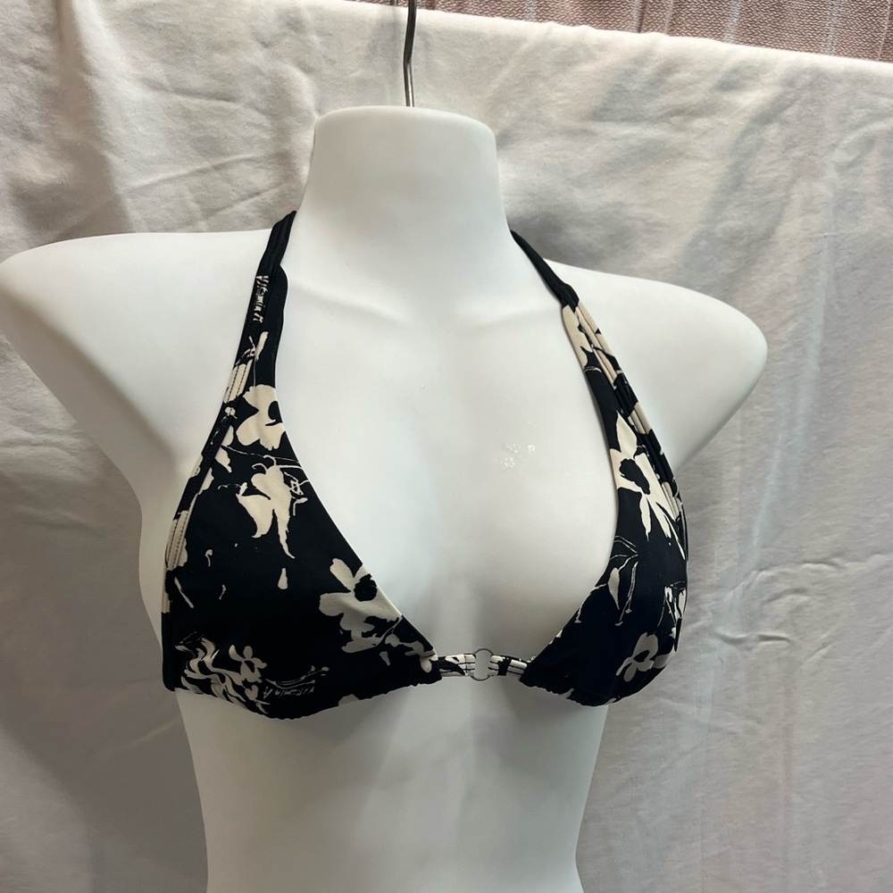 Floral Black and White Halter Bikini Top